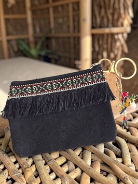 Embroidered Black Zip Pouch with Parrot Bag Charm / Keychain